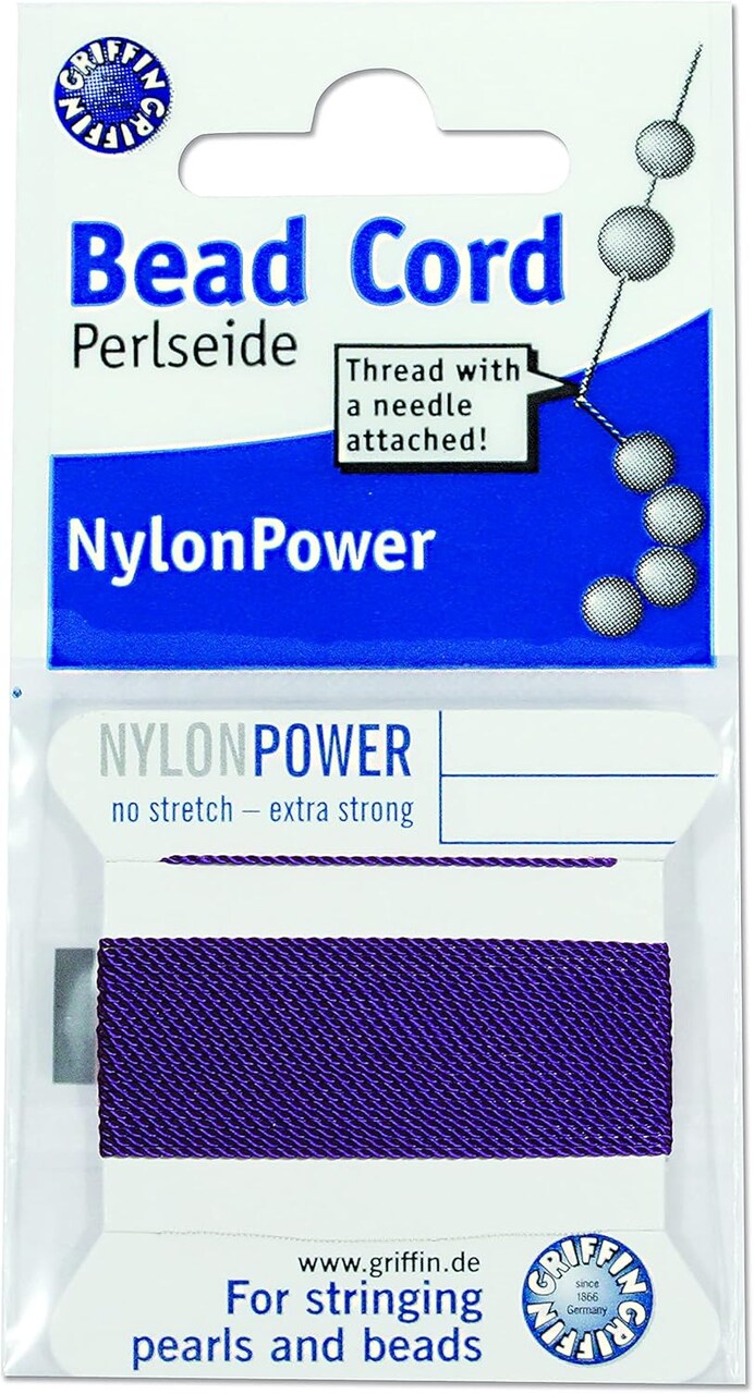Griffin Nylon Bead Cord Perlseide – Size 2 (0.45mm) – 2 Meters per Card – Stainless Steel Needle Attached – for Knotting Pearls, Gemstones, Crystals and Beads